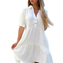 Load image into Gallery viewer, Solid Dress V Neck Short Sleeve Button Ruffles Lapel Cotton Casual Loose Beach Short Dresses