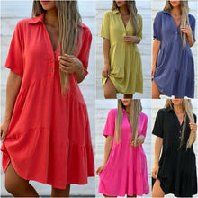 Load image into Gallery viewer, Solid Dress V Neck Short Sleeve Button Ruffles Lapel Cotton Casual Loose Beach Short Dresses