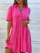 Load image into Gallery viewer, Solid Dress V Neck Short Sleeve Button Ruffles Lapel Cotton Casual Loose Beach Short Dresses