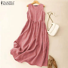 Load image into Gallery viewer, ZANZEA Summer Plaid Checked Sundress Bohemian Elegant O Neck Sleeveless Casual Dress