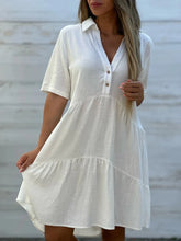 Load image into Gallery viewer, Solid Dress V Neck Short Sleeve Button Ruffles Lapel Cotton Casual Loose Beach Short Dresses