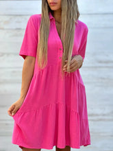 Load image into Gallery viewer, Solid Dress V Neck Short Sleeve Button Ruffles Lapel Cotton Casual Loose Beach Short Dresses