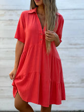 Load image into Gallery viewer, Solid Dress V Neck Short Sleeve Button Ruffles Lapel Cotton Casual Loose Beach Short Dresses