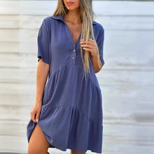 Load image into Gallery viewer, Solid Dress V Neck Short Sleeve Button Ruffles Lapel Cotton Casual Loose Beach Short Dresses