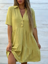 Load image into Gallery viewer, Solid Dress V Neck Short Sleeve Button Ruffles Lapel Cotton Casual Loose Beach Short Dresses