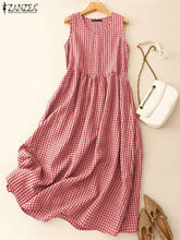 Load image into Gallery viewer, ZANZEA Summer Plaid Checked Sundress Bohemian Elegant O Neck Sleeveless Casual Dress