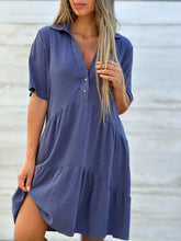 Load image into Gallery viewer, Solid Dress V Neck Short Sleeve Button Ruffles Lapel Cotton Casual Loose Beach Short Dresses