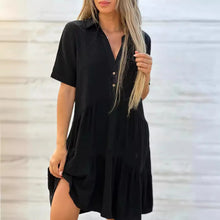 Load image into Gallery viewer, Solid Dress V Neck Short Sleeve Button Ruffles Lapel Cotton Casual Loose Beach Short Dresses