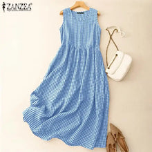 Load image into Gallery viewer, ZANZEA Summer Plaid Checked Sundress Bohemian Elegant O Neck Sleeveless Casual Dress