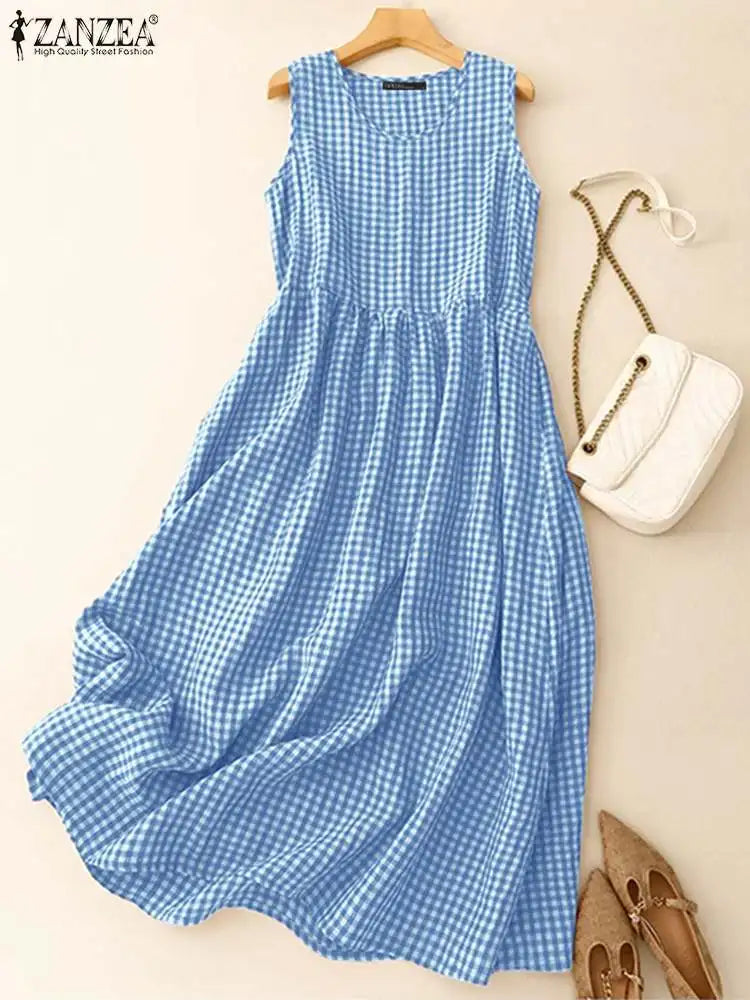 ZANZEA Summer Plaid Checked Sundress Bohemian Elegant O Neck Sleeveles   Holly's HodgePodge