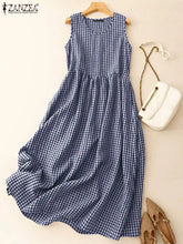 Load image into Gallery viewer, ZANZEA Summer Plaid Checked Sundress Bohemian Elegant O Neck Sleeveless Casual Dress