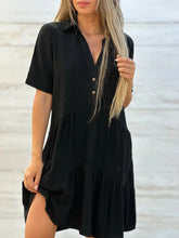 Load image into Gallery viewer, Solid Dress V Neck Short Sleeve Button Ruffles Lapel Cotton Casual Loose Beach Short Dresses