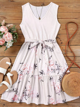 Load image into Gallery viewer, Floral Patchwork Sleeveless Ruffled A-Line V-Neck Flare Tank Dress With Belt