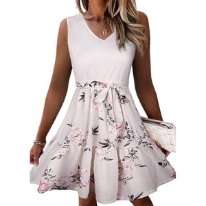 Floral Patchwork Sleeveless Ruffled A-Line V-Neck Flare Tank Dress With Belt