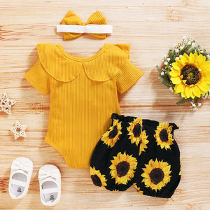 0-24M Newborn Infant Baby Girl Clothing Set Short Sleeve Yellow Solid Romper Top Sunflower Printed Shorts 3Pcs Outfit