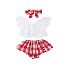 Load image into Gallery viewer, 3Pcs Set 0-24M Newborn Baby Girl Clothes Cute Summer Off Shoulder Lace Tops+ Red Plaid Short Dress Headband Outfit