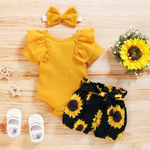 Load image into Gallery viewer, 0-24M Newborn Infant Baby Girl Clothing Set Short Sleeve Yellow Solid Romper Top Sunflower Printed Shorts 3Pcs Outfit