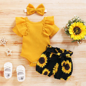 0-24M Newborn Infant Baby Girl Clothing Set Short Sleeve Yellow Solid Romper Top Sunflower Printed Shorts 3Pcs Outfit