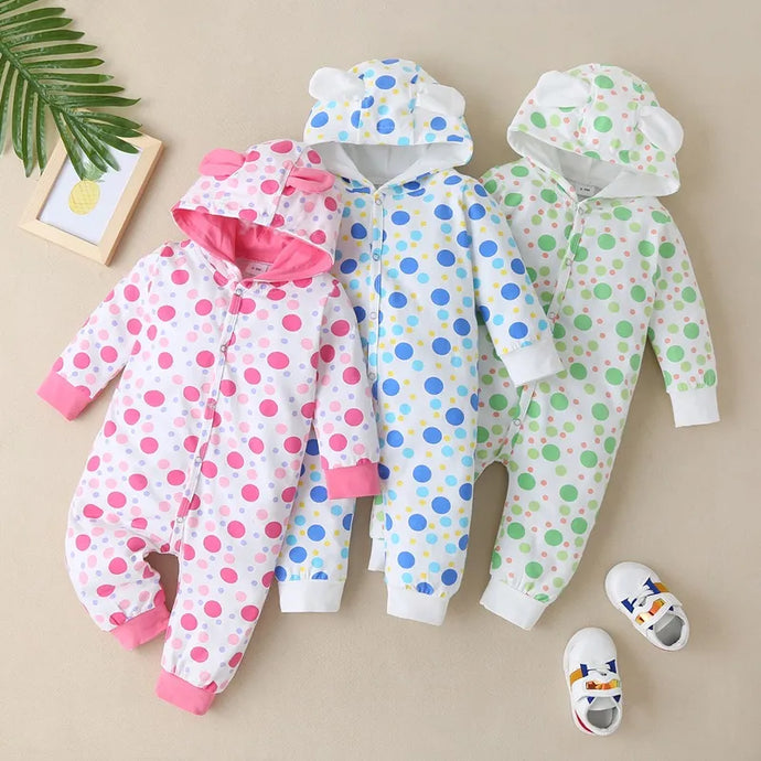Winter Baby Girl Clothes Cotton Dot Print Cute Colorful Long Sleeve Single Breasted Hooded Baby Romp Jumpsuit 0-18M