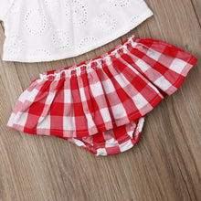 Load image into Gallery viewer, 3Pcs Set 0-24M Newborn Baby Girl Clothes Cute Summer Off Shoulder Lace Tops+ Red Plaid Short Dress Headband Outfit