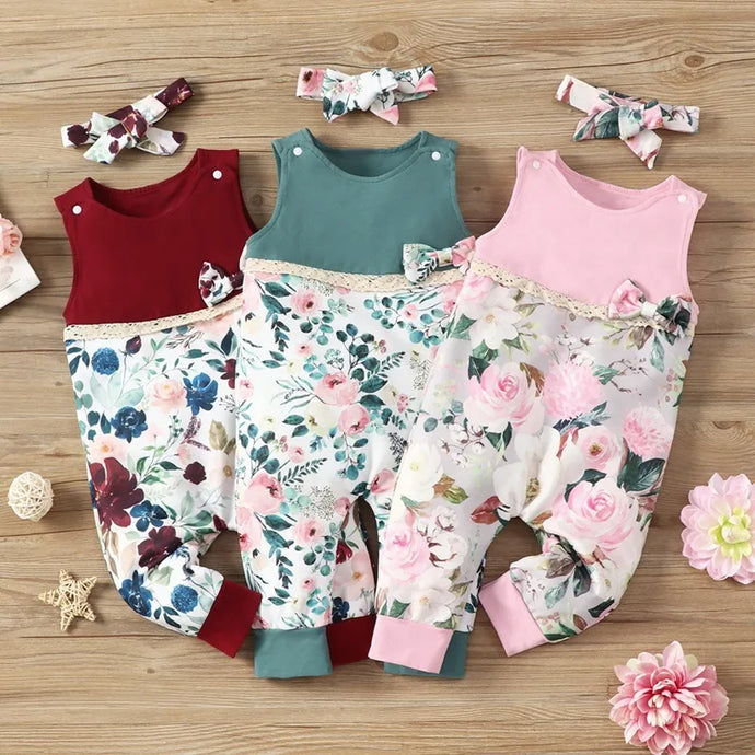 Flower Print Patchwork Sleeveless Baby Rompers+headband 2 Pcs Baby Jumpsuits 0-18M
