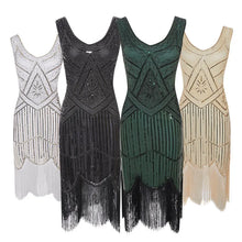 Load image into Gallery viewer, Women Party Dress 1920 s Great Gatsby Flapper Sequin Bead Fringe Dress Evening V Neck Embellished Fringed Sleeveless