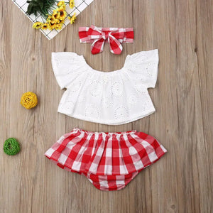 3Pcs Set 0-24M Newborn Baby Girl Clothes Cute Summer Off Shoulder Lace Tops+ Red Plaid Short Dress Headband Outfit