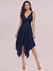 Elegant Evening Dresses Women Chiffon lace V Neck Sleeveless Asymmetrical Knee-Length Dress