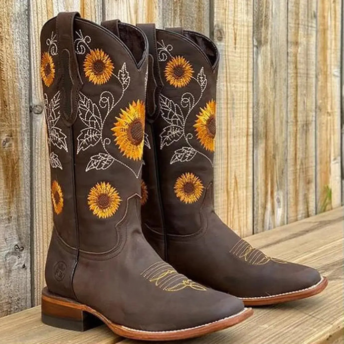Embroidered Boots PU Leather Printed Western Cowboy Boots Deep V-mouth High Tube Casual