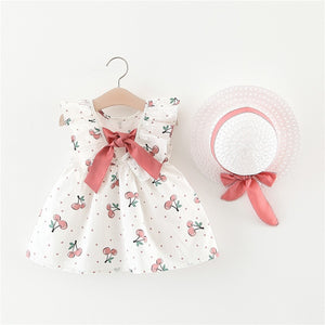 2pcs Summer Newborn Print Cotton Sleeveless Flowers Beach Dresses + Sunhat