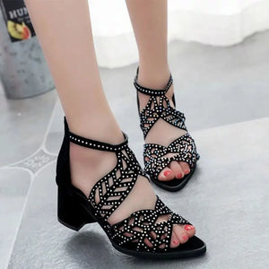 Hollow Out Faux Leather Rhinestones Thick Heel Zipper Sandals Shoes