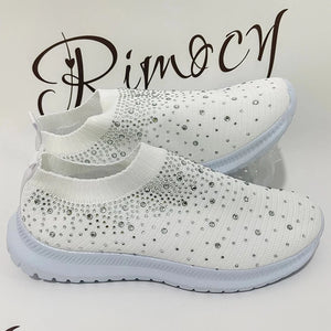 Rimocy Crystal Breathable Mesh Sneaker Shoes for Women Comfortable Soft Bottom Flats Non Slip Casual Shoes