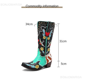 BONJOMARISA Western Cowboy Boots Mid-Calf Retro Embroidered Slip-On Chunky Casual Boots