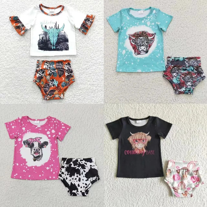 Western Short Sleeves Cow Print T Shirt and Bummie Shorts 3-24 months