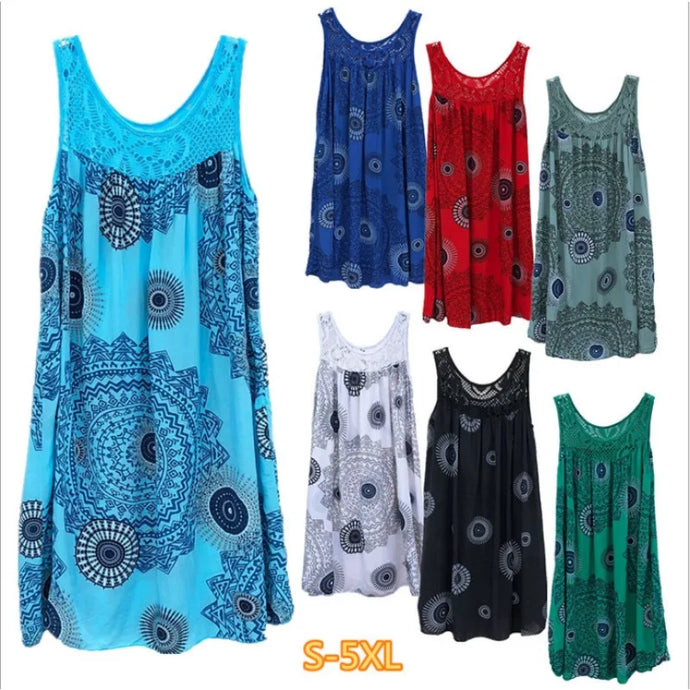 sleeveless camisole dress lace print swing loose long skirt plus size