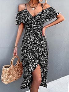 WAYOFLOVE Off Shoulder Ruffles Casual Beach Print Dress