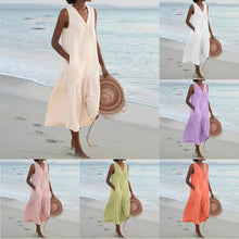 Load image into Gallery viewer, Women Cotton Linen Beach Dress With Pockets Sleeveless  V Neck Solid Long Dress Buttons Up Skirt Sundress Plus Size