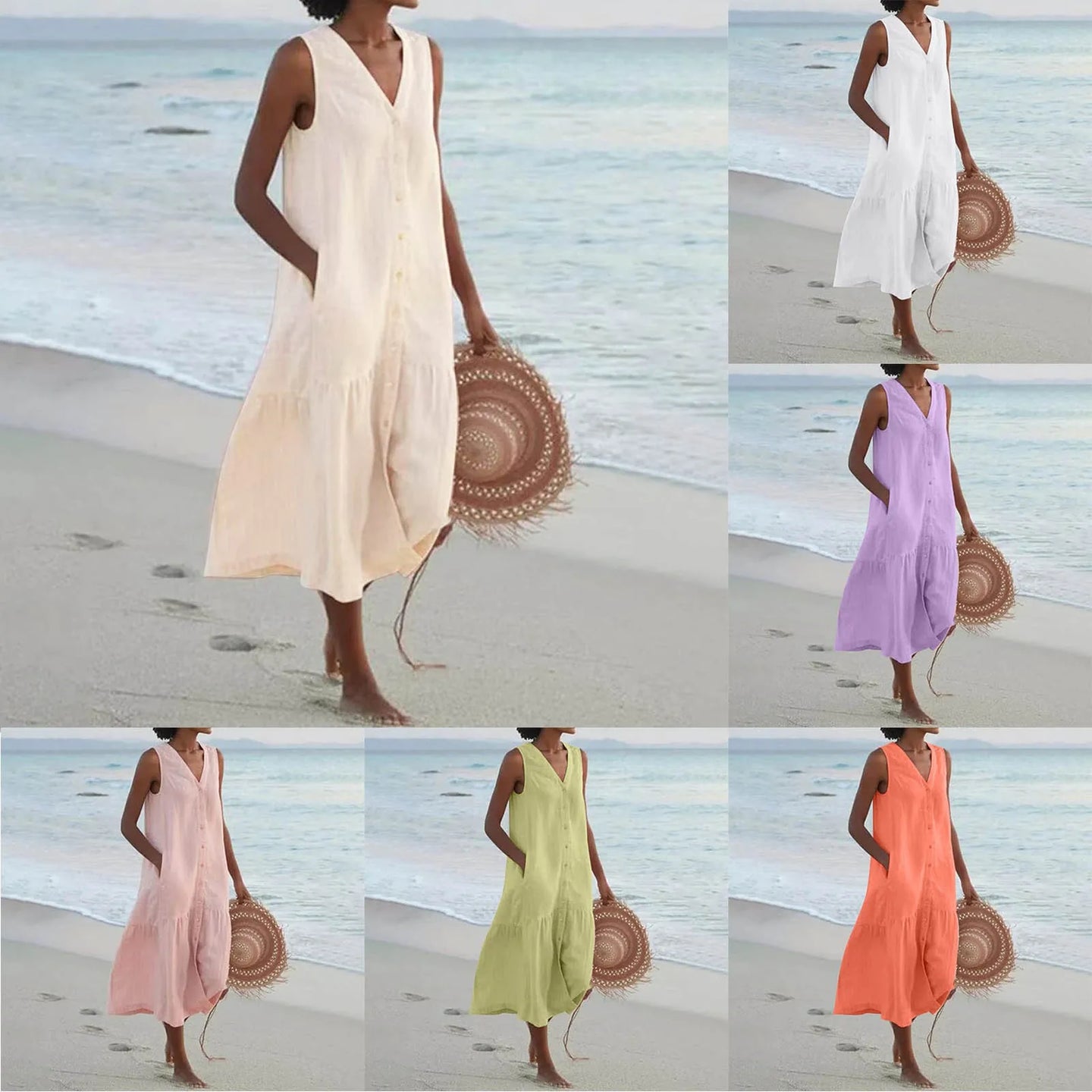 Women Cotton Linen Beach Dress With Pockets Sleeveless  V Neck Solid Long Dress Buttons Up Skirt Sundress Plus Size