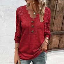 Load image into Gallery viewer, Solid V Neck Lace Patchwork Button Long Sleeve T Shirt