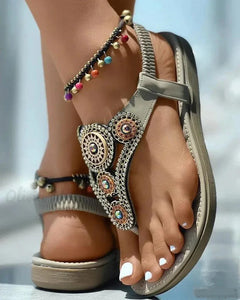 Bohemian Geometric T-Strap Sandals Rhinestones Beach Flip Flops Flat Shoes