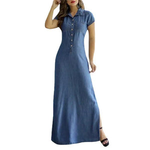 Loose Denim Vintage Button Pocket Short Sleeve Summer Party Elegant Maxi Dresses