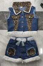 Load image into Gallery viewer, 1-6years Baby Girls Denim Casual Outfit Sets Sleeveless Leopard Print Denim Top + Leopard Print Denim Shorts Suits Girls