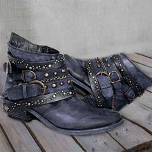 Load image into Gallery viewer, Square Heel Round Toe Side Zipper British Style Rivet Belt Buckle Boots