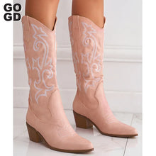 Load image into Gallery viewer, GOGD Women&#39;s Knee High Western Cowboy Boots Wide Calf Embroidered Pointed Toe Block Heel Pull-On Cowgirl Boots