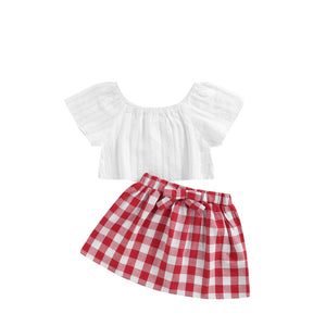 3Pcs Set 0-24M Newborn Baby Girl Clothes Cute Summer Off Shoulder Lace Tops+ Red Plaid Short Dress Headband Outfit