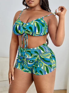 3 Piece Plus Size Printed Bikini Swimsuit & Drawstring Cover-Up Front