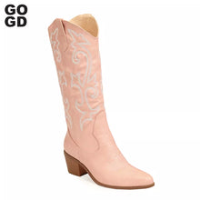 Load image into Gallery viewer, GOGD Women&#39;s Knee High Western Cowboy Boots Wide Calf Embroidered Pointed Toe Block Heel Pull-On Cowgirl Boots