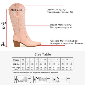 GOGD Women's Knee High Western Cowboy Boots Wide Calf Embroidered Pointed Toe Block Heel Pull-On Cowgirl Boots