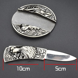 Retro Metal Carving Belt Buckle With Embedded Knife Fit 3.8CM-4CM Belt