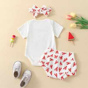 0-18M Baby Girl Clothes Suits Letter Print Short Sleeve Bodysuit Crayfish Print Elastic Waist Shorts Bow